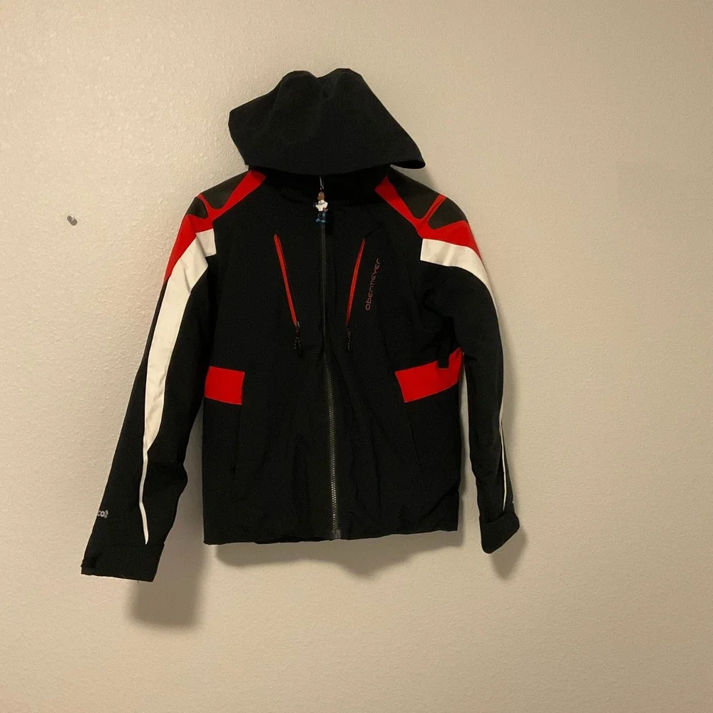 Obermeyer Ski Jacket Youth Boys Black Red White Excellent Hooded Technical Coat